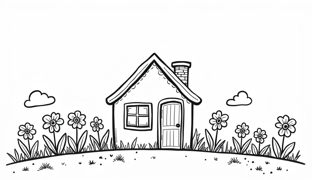 Coloring book for kids、House exterior、easy、Black and white coloring book、For 2 year olds、Fewer lines、Cute house、Flowers Bloomed