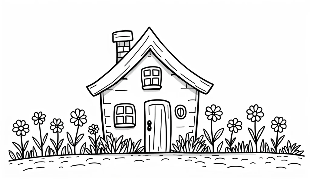 Coloring book for kids、House exterior、easy、Black and white coloring book、For 2 year olds、Fewer lines、Cute house、Flowers Bloomed