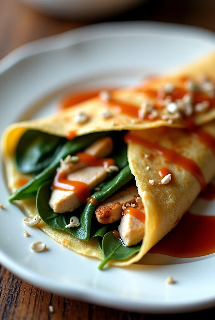 Chicken crepe with spinach and chipotle chili sauce