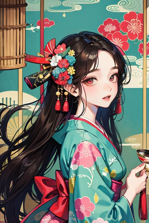 A beautiful woman in a kimono shows her white teeth、Vividly colored Japanese Ukiyo-e style illustrations、SeaArt creates stunning illustrations of beautiful women in kimono、Brown-black long hair、Full Body Style、Beautiful digital illustrations,、Beautiful digital painting, Anime CG art, Detailed digital anime art,  Beautiful anime portraits
