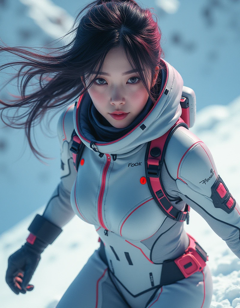 photo-realistic, ultra-realistic, very beautiful Japanese, famous Japanese idol, 20 years old, dramatic scene, masterpiece, beautiful eyes, cyber punk, (closeup to her beautiful face:1.3), (wearing cyber punk mecha-suits with neon marker:1.5), (she is extremely acrobatic skiing:1.5), (fully equipped with futuristic ski equipment:1.3), amazing view of her dynamic movement, acrobatic pose, dynamic angle, spectacular, Nimble movements, Sharp turns, (very large breasts),