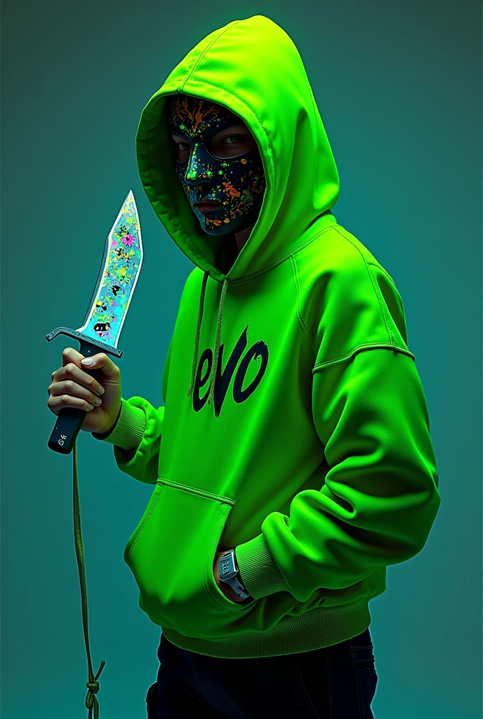 A hooded boy criminal, his hoodie completely neon green. He wears a mask with splotches of random neon paints, and it has “OvO” in the middle. He has black cargo pants and sneakers. He holds a neon green butterfly knife with the initials “A+J” on it.