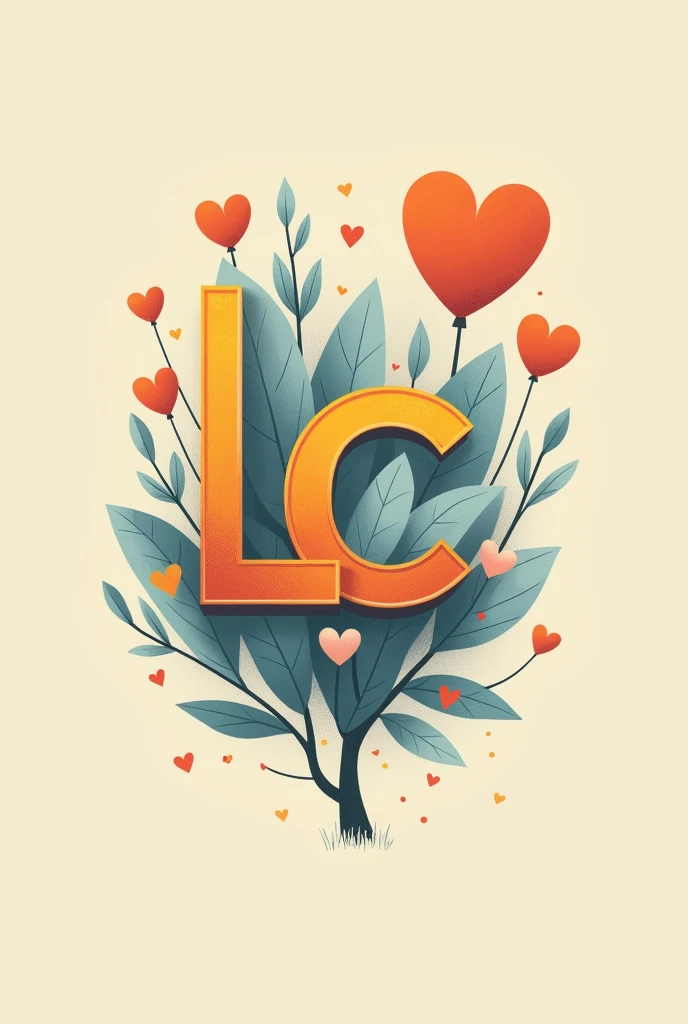 visual identity WITH INITIALS LC DESIGNER. blue colors, saliva, yellow, ORANGE AND GRAY. tom pastel. vintage style. HEART DETAILS