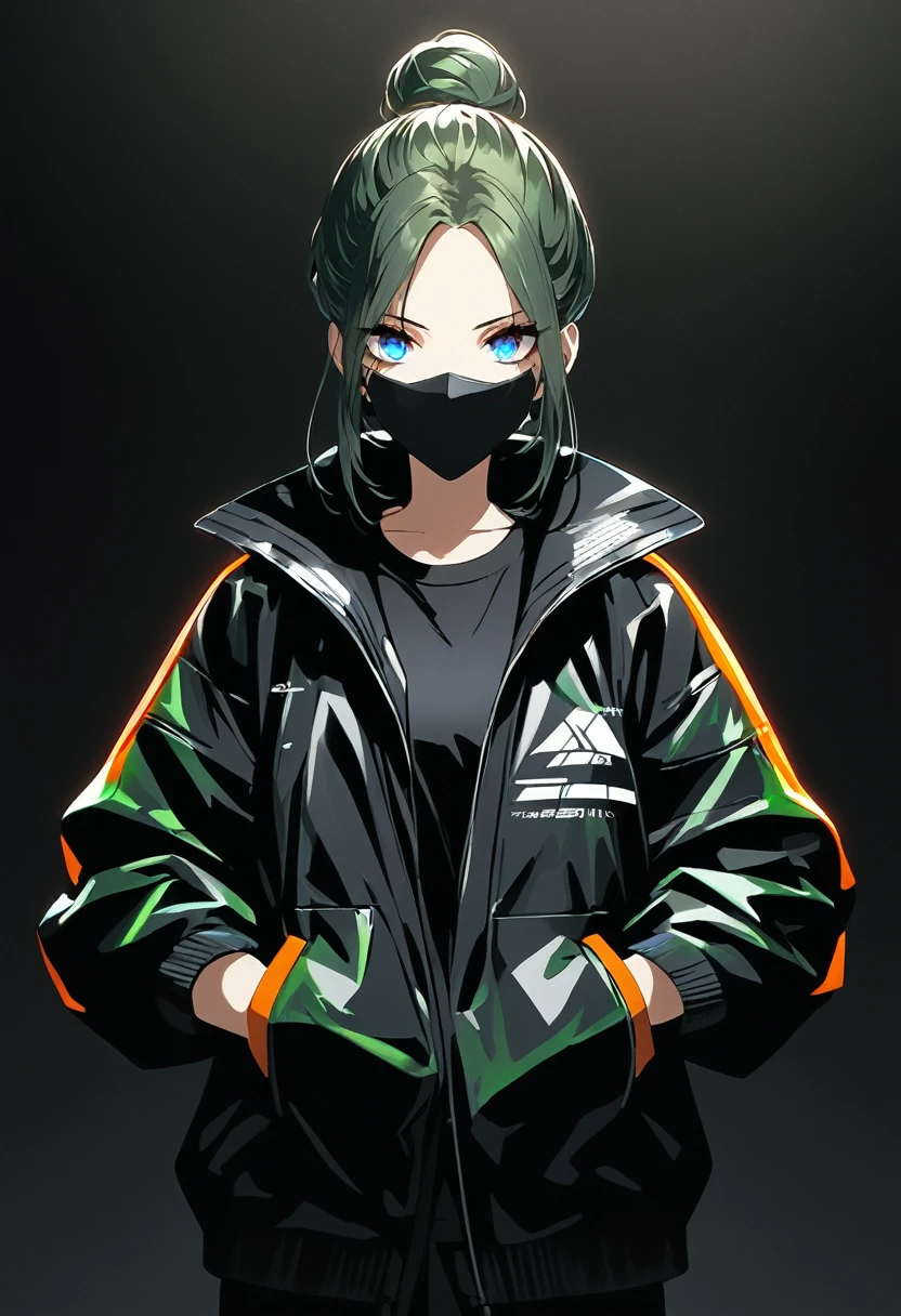 One girl、masterpiece、Highest quality、Beauty、Beautiful Eyes、Dark green hair、Low bun hair、Center Parting、Black Sailor Suit、Cyber-inspired jacket、Put your hands in your pockets、Black Mask、Black Background、paint、anime