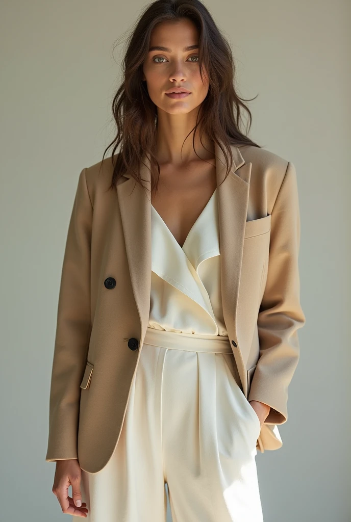 The Jumpsuit Ensemble: A chic jumpsuit made from organic cotton, paired with a tailored jacket crafted from recycled wool. The jumpsuit features a wide-leg silhouette and a V-neckline, while the jacket is accented with statement buttons made from sustainable materials.