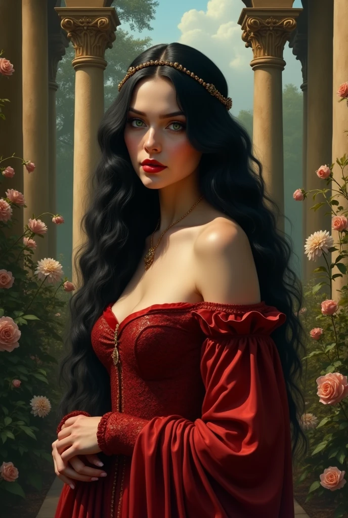 best qualityer, work of art, ultra-high resolution, baroque painting of a gypsy woman with a beautiful round face, dainty, slightly plump and perfect lips, ((gypsy of rare beauty, goddess of perfection, The most beautiful woman in the world)) , long black cascading hair, greeneyes, detailed eyes and face, Victorian era red dress, background greek columns in a garden with flowers, dynamic lighting, in dark, deep shadow, inconspicuous, Full body shot of cowboy, It was Vitorian style, a goddess of beauty, portrait of a goddess, Non Bowater art style, renaissance digital painting, in digital painting style, digital fantasy portrait, elegant digital painting, portrait fantasy art, fantasy portrait, inspired by Dante Gabriel Rossetti, baroque digital painting, painting digital art, Twelve artes UHD 4K, beautiful fantasy portrait