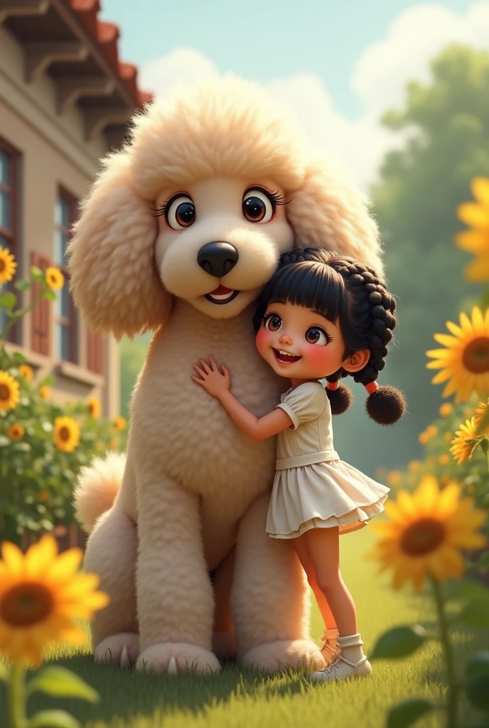 (Highest quality,32K,High resolution,masterpiece:1.2), Very detailed, (Deformed, Realistic, Realistic:1.3)，One Girl，cute，Very low length，8--old，ghing happily, Brown eyes，Low length， fluffy, Black hair braids，White short dress，Hugging a poodle，The poodle is much bigger than....，This dog is a poodle，The background of mid-summer is a country house garden，sunflower，My clothes are transparent because of cold sweat，