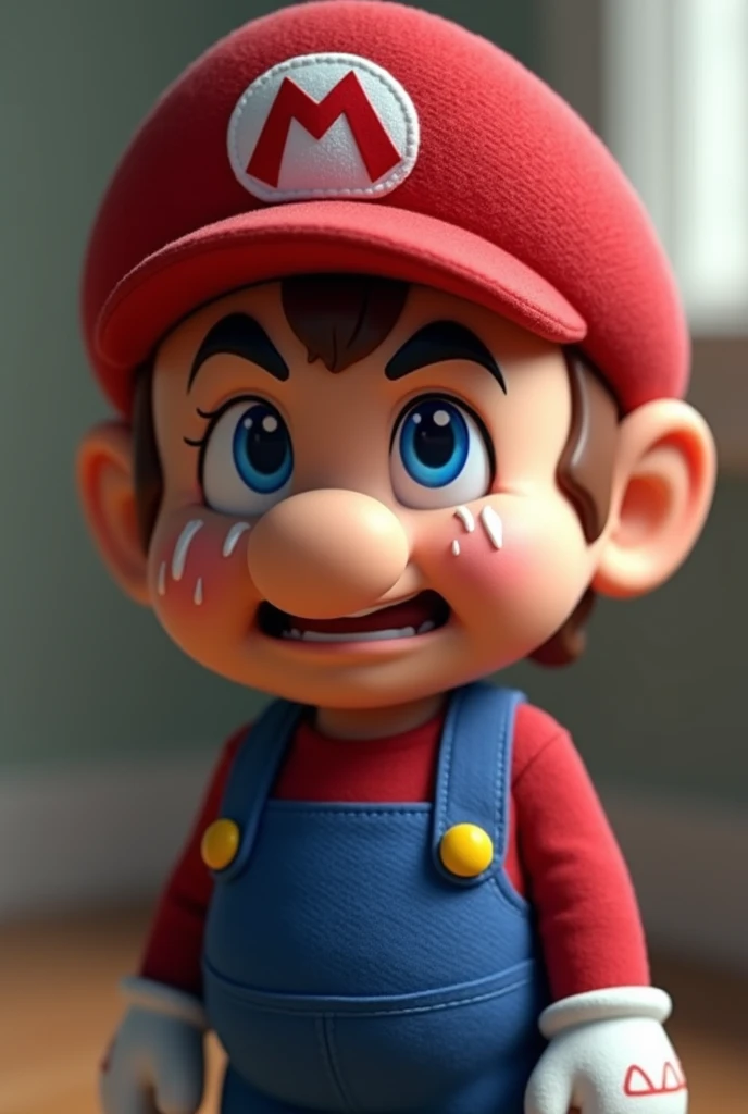 Red and blue 4-year-old Mario Cry 3D, realistic full body photo, head to the right above