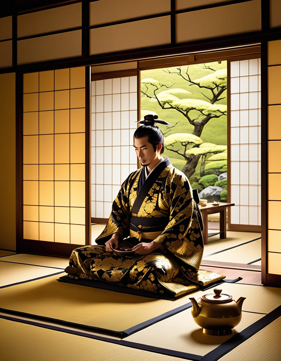 A small tea room entirely covered in gold, with traditional Japanese design elements such as tatami mats and sliding doors. A Japanese samurai dressed in regal clothing is sitting inside, preparing tea. The room glows with the richness of gold, exuding power and wealth.
