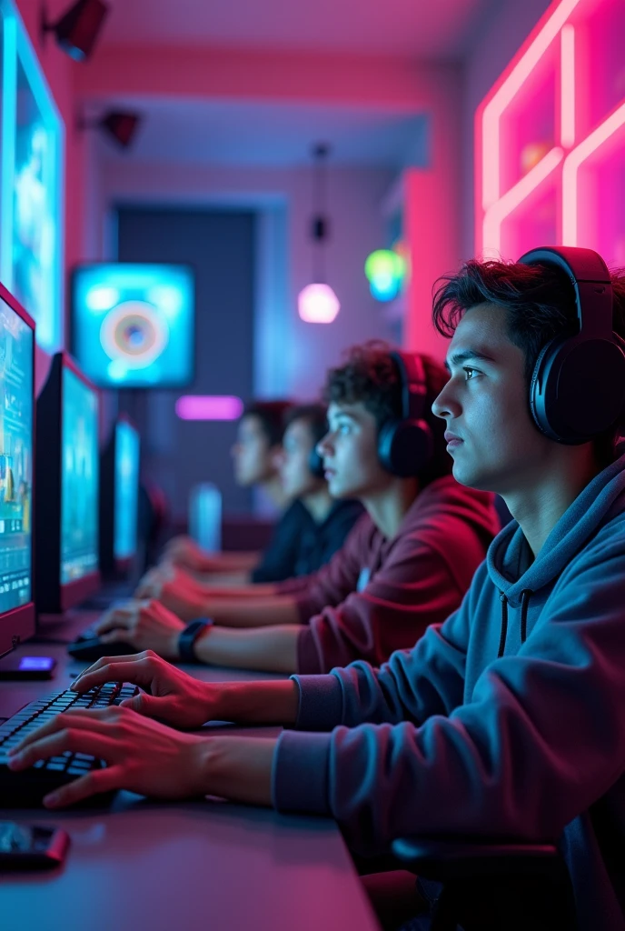 Give me a high quality images of a gaming room with 6 Gaming PC’s with 7 guys