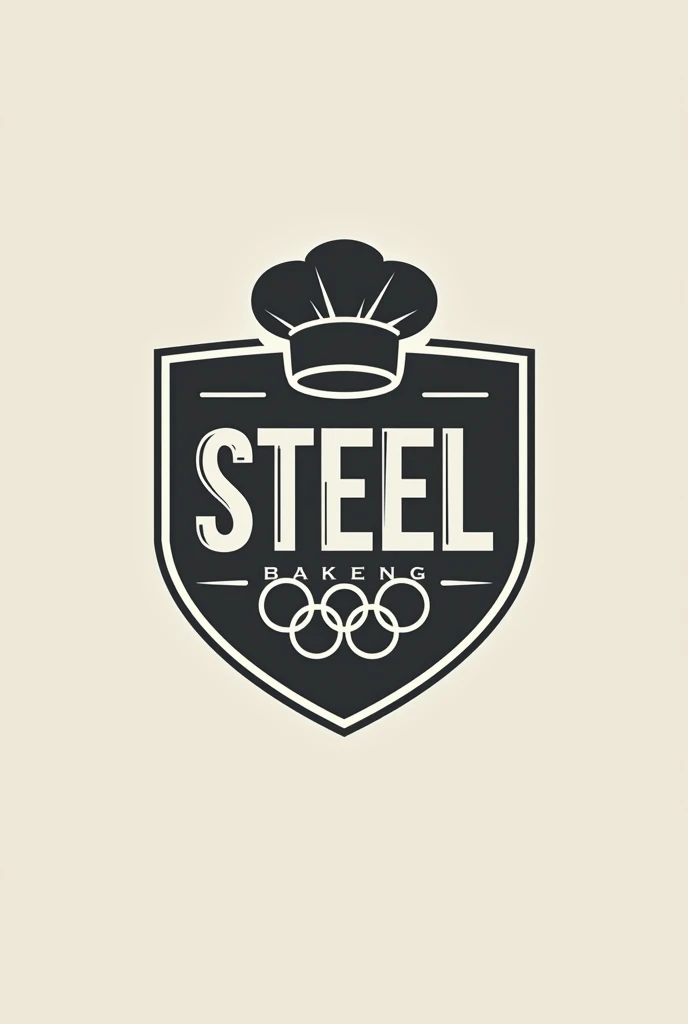 Make a blank logo, gray and black that says "Steel Baker" with minimalist letters that look like ancient symbols, that above the letters there is a baker&#39;s hat and below the letters an Olympic bar, that has a shield in the background