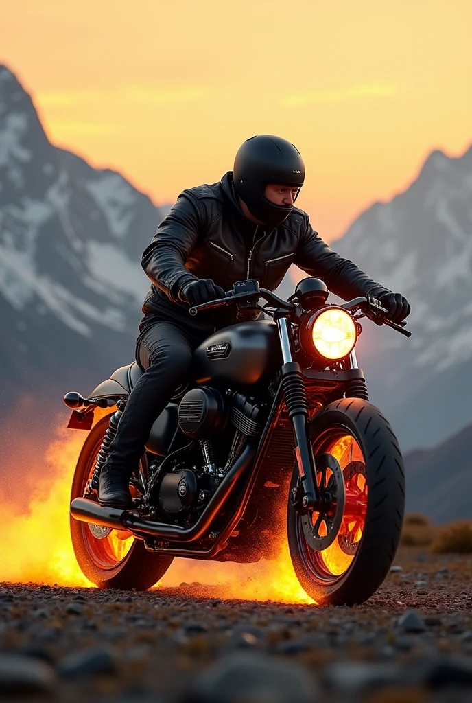 Man riding a motor bike with mountains on the background in a sunset and fire effects near the man and side angle view of image