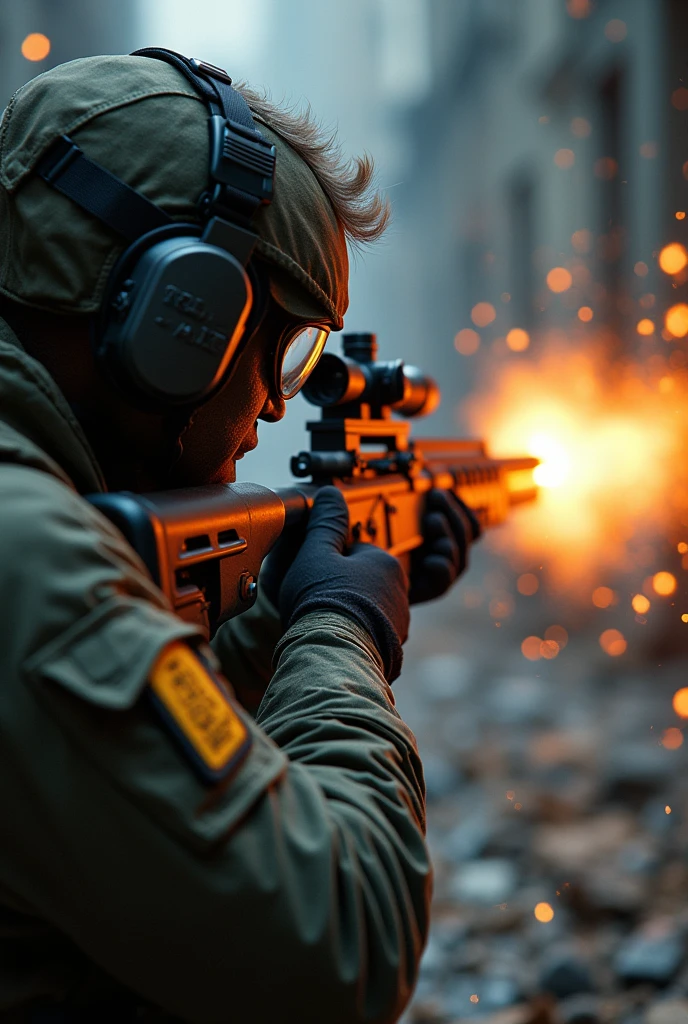 Create a dynamic and intense scene of a sniper firing a shot, with the moment captured in a fusion of realistic and FX elements. The sniper, clad in tactical gear, is positioned in a dramatic stance, with their eye focused through the scope, finger on the trigger. As the shot is fired, incorporate FX elements like a powerful muzzle flash, shockwaves emanating from the barrel, and a glowing, trailing bullet slicing through the air. The background should blur slightly, emphasizing the speed and precision of the shot, while adding subtle details like sparks, particles, and light distortions to heighten the intensity. The entire scene should feel cinematic, with a blend of realism and stylized effects that make the moment feel epic and electrifying