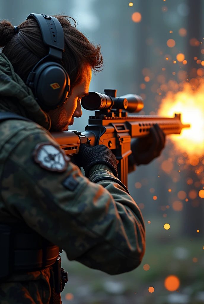 Create a dynamic and intense scene of a sniper firing a shot, with the moment captured in a fusion of realistic and FX elements. The sniper, clad in tactical gear, is positioned in a dramatic stance, with their eye focused through the scope, finger on the trigger. As the shot is fired, incorporate FX elements like a powerful muzzle flash, shockwaves emanating from the barrel, and a glowing, trailing bullet slicing through the air. The background should blur slightly, emphasizing the speed and precision of the shot, while adding subtle details like sparks, particles, and light distortions to heighten the intensity. The entire scene should feel cinematic, with a blend of realism and stylized effects that make the moment feel epic and electrifying