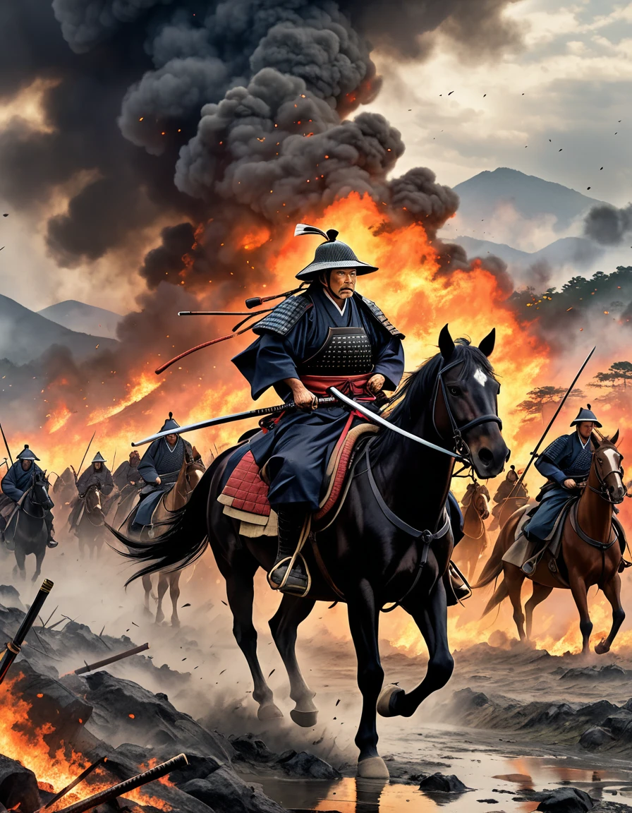 A battle scene featuring an aging Japanese samurai on horseback, leading troops into a chaotic battlefield. The sky is overcast, with smoke and fire in the background. The samurai looks determined but weary, reflecting the futility of the campaign.