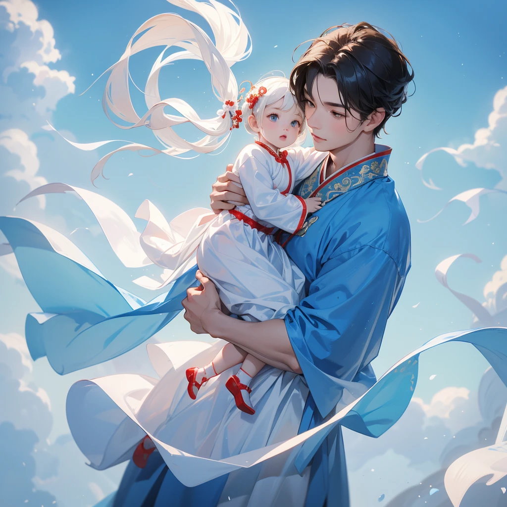 A one-year-old baby boy in an white ancient Chinese baby costume with his beautiful mother, dressed in an ancient Chinese costume, There are some floating clouds, playing with each other, with his handsome father standing next to his mother, close up.

Background is a blue sky, with low floating blue clouds all over the area