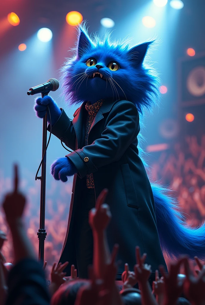 blue cat, on the stage, wearing black coat, blue hair, singing , microphone, rock concert, rock festival, screaming, singing, rockstar,from below, full body