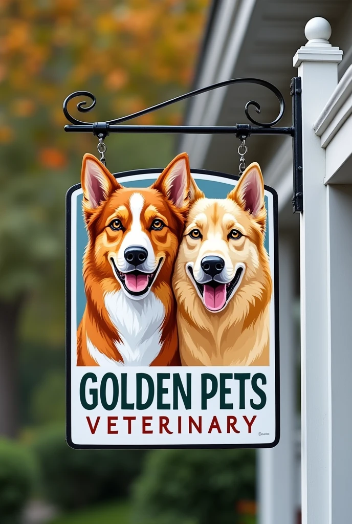 A sign that says Golden Pets Veterinary with the face of a golden retriever and a red husky