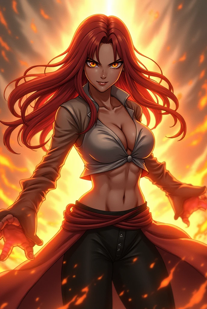 Fairy tail anime girl ,orange light magic, red ish eyes, long dark orange hair, crop shirt savage looking