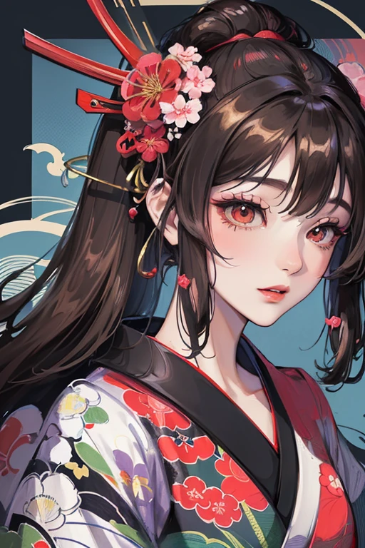 A beautiful woman in a kimono shows her white teeth、Vividly colored Japanese Ukiyo-e style illustrations、SeaArt creates stunning illustrations of beautiful women in kimono、Brown-black long hair、Full Body Style、Beautiful digital illustrations,、Beautiful digital painting, Anime CG art, Detailed digital anime art,  Beautiful anime portraits