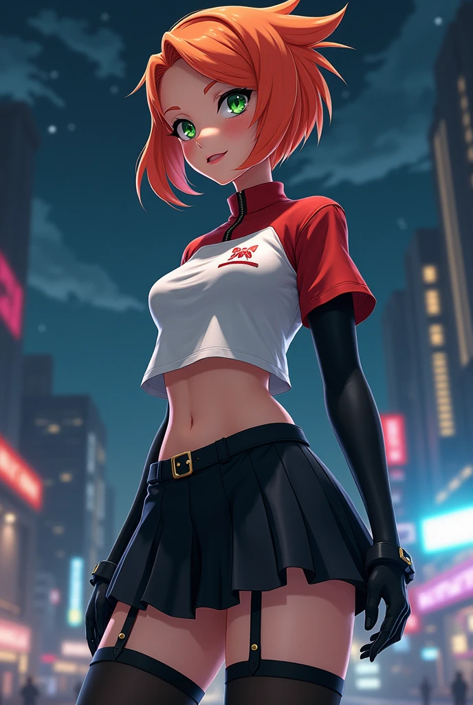 High resolution,8K, Detailed anatomy
(Misty_Pokemon)(18-year-old girl)
(,Orange Hair,one side up hair,Big green eyes,Small breasts,Skinny, girl attractive, cute smile)
(,Belly button exposed) team rocket uniform, red letter R, black skirt,white crop top,black thigh-highs,black elbow gloves, looking down on viewer, cowboy shot, posing, night sky background