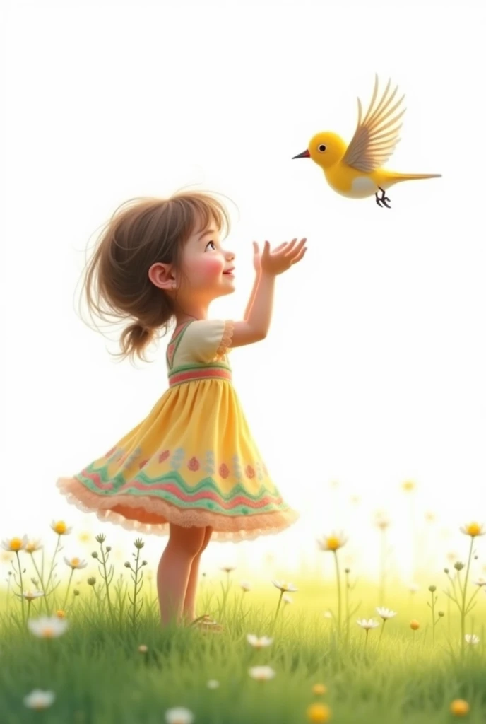 white background,best quality,cute liitle girl standing on grass,she look at the little bird,rais her hands to the little bird,cute little bird flying,cute colorful frock wearing the girl,smiling face
