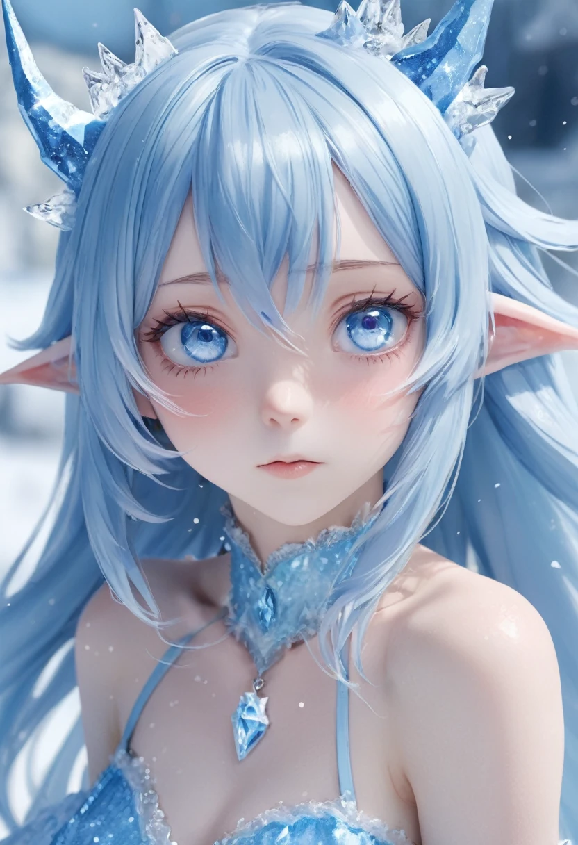 Summer sunshine、暑い夏に現れたiceの妖精、Blue Dress、温度を下げようとiceの魔法を使う、両手からiceとcoldが噴出、周りに広がるiceの柱、Anatomically correct、high resolution、cold、ice、iceの結晶、iceの輝き、Sparkle Effect、Cold High Resolution, Long Hair, solo, blue eyes, Blue Hair/Light blue hair, Pointy Ears, look up,