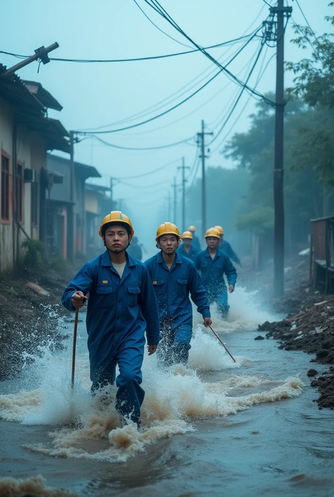 Running in the flood,Neat queue,Power grid repair,Wide-angle lens,Rural China,rainstorm,hurricane,Chaotic scenes,Blue overalls,helmet,Capturing facial expressions,Flood fighting,Strong composition,City flooding,Challenge nature,Chinese staff,Magnificent picture,Ruthless Wind,Heavy rain,Tense atmosphere,Motion capture,High contrast,Side Light,Fast shutter speed,Chaos and Order,Blue tint,Splashing water,Strength and unity。