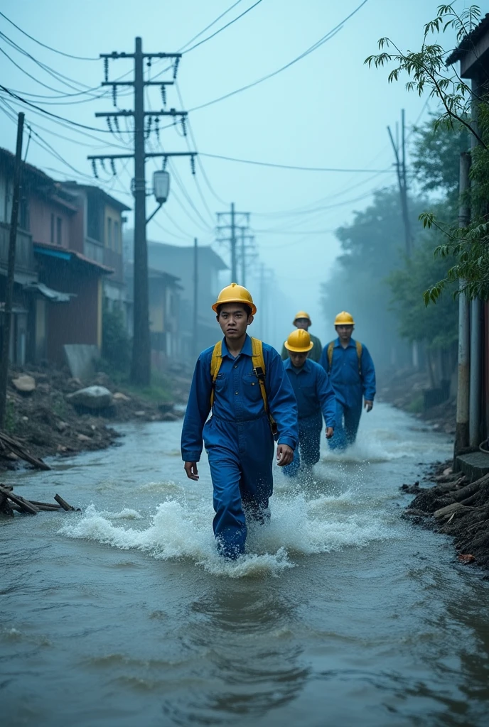 Running in the flood，Neat queue，Power grid repair，Wide-angle lens，Rural China，rainstorm，hurricane，Chaotic scenes，Blue overalls，helmet，Capturing facial expressions，Flood fighting，Strong composition，City flooding，Challenge nature，Chinese staff，Magnificent picture，Ruthless Wind，Heavy rain，Tense atmosphere，Motion capture，High contrast，Side Light，Fast shutter speed，Chaos and Order，Blue tint，Splashing water，Strength and unity。