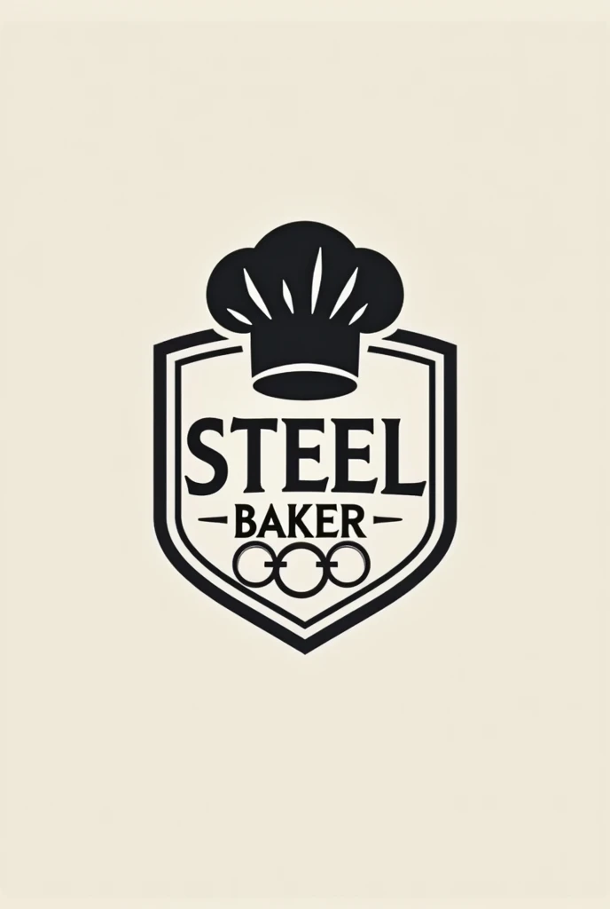 Make a blank logo, gray and black that says "Steel Baker" with minimalist letters that look like ancient symbols, that above the letters there is a baker's hat and below the letters an Olympic bar, that has a shield in the background