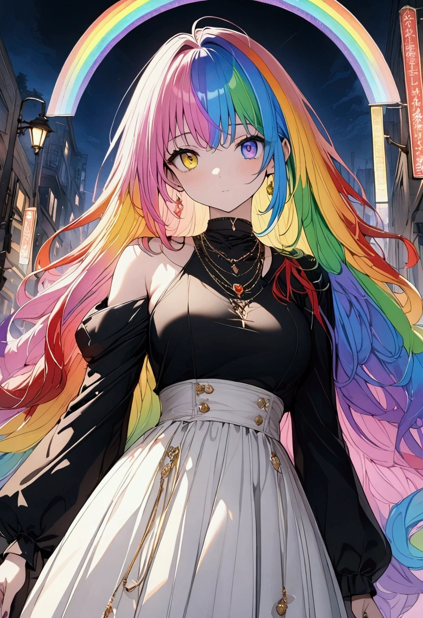 (((anime))) One Woman,Gal,Long Hair,(Rainbow Hair),Bangs parted in the center,blackのヘッドフォン,necklace,Look here,Heterochromia iridis,blue eyes,(Yellow Eyes),Big Eyes One Shoulder Dress,Volume sleeve,(black),Jade Writings,Green Knight,City of night,signboard,Street lamp light,Backlight,masterpiece,Highest quality,Exquisite,8k,Absurd,Ultra-fine illustrations,(View your audience)
