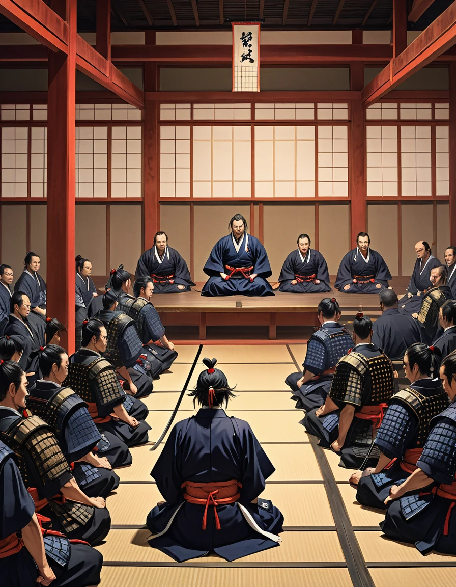 A powerful Japanese samurai sitting in judgment, surrounded by his retainers. In front of him, another samurai is being punished or exiled. The atmosphere is tense, showing the harsh use of power. The setting is a grand hall with traditional Japanese architecture.