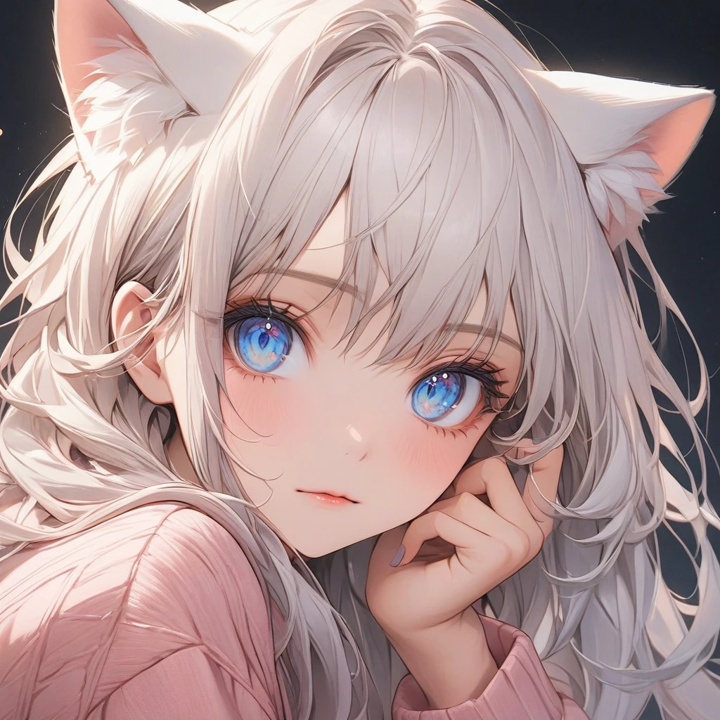 high resolution, details, Masterpiece, Anatomically correct, best quality, long hair, white hair, Messy hair style, 1 girl, Hair highlights, full bangs,Uneven hair, big breasts, cat ears, Cover ears, blue eyes,Cat pupil, shy, The left and right eyes are different colors., simple background, Close-up photography, Anime style, oversize shirt, pink cardigan, beautiful eyelashes, sharp eyes