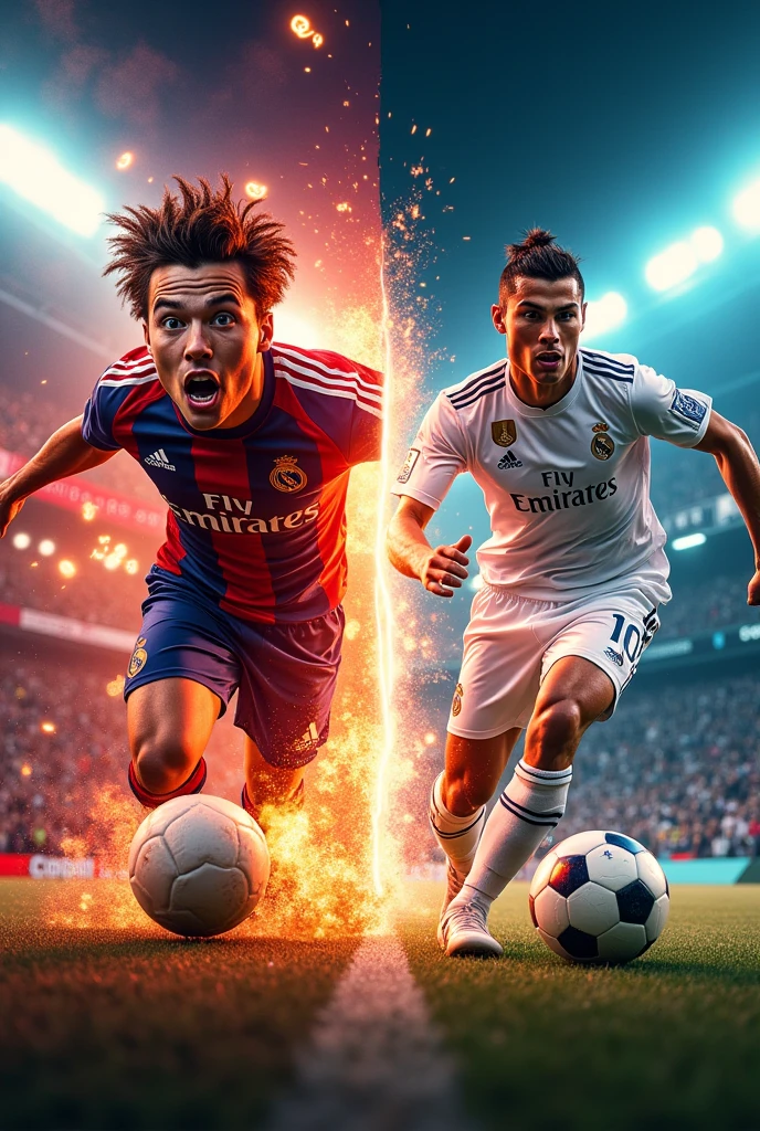 How about a thumbnail featuring MrBeast and Ronaldo in a dynamic split-screen format? On one side, have MrBeast with a surprised expression, surrounded by colorful, explosive effects and dollar signs. On the other side, show Ronaldo in an action pose, maybe with a soccer ball flying through the air and vibrant stadium lights. Add bold, eye-catching text in the center saying, "Epic Showdown!" with a small "Who Wins?" below it. This design captures the high energy and competition of the battle, drawing viewers in with a sense of excitement and anticipation.