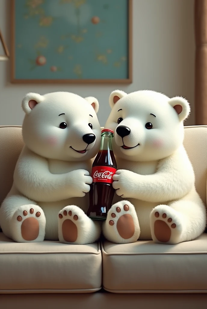 two polar bears sitting on a couch with a bottle of coca cola in their hand 