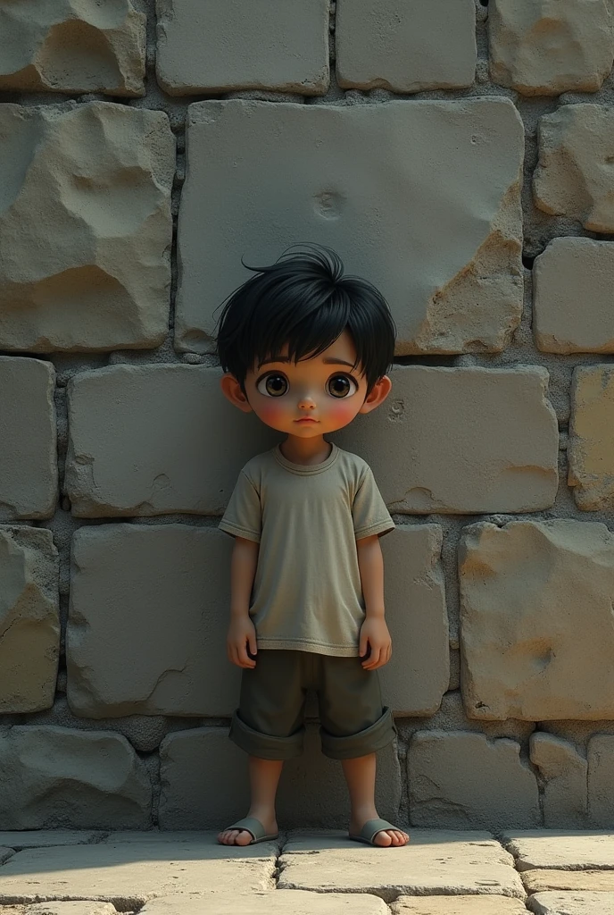 The boy is front of wall