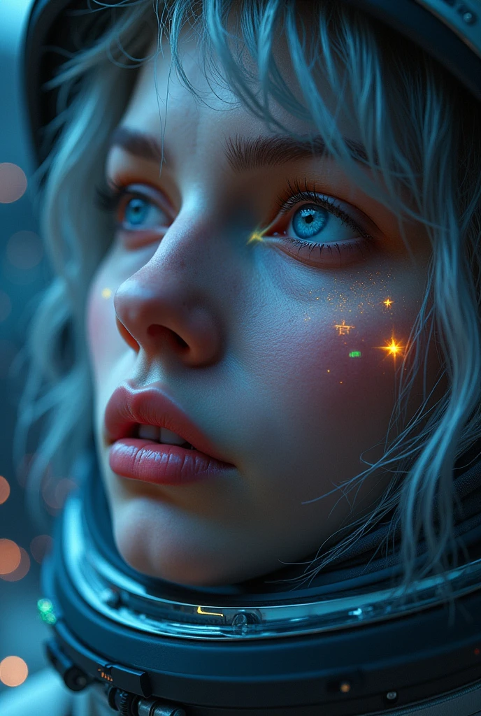 (Close-up of a better masterpiece:1.5)0.9], (Space and astronauts:1.2) (Messy silver hair:1.1) (Heterochromia xanthochromia and blue eyes:1.2) (Space Helmet:1.0) (Colored stars in the eyes:1.0) (A radiant glow:1.1) (thick lips:0.9)
