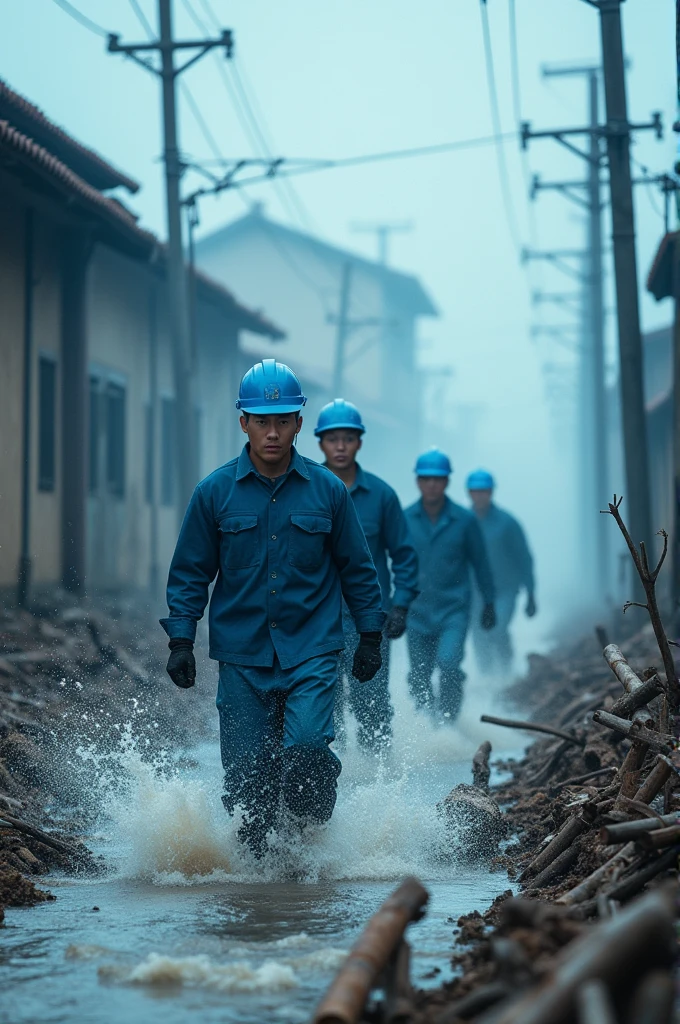 Running in the flood,Neat queue,Power grid repair,Wide-angle lens,Rural China,rainstorm,hurricane,Chaotic scenes,Blue overalls,helmet,Capturing facial expressions,Flood fighting,Strong composition,City flooding,Challenge nature,Chinese staff,Magnificent picture,Ruthless Wind,Heavy rain,Tense atmosphere,Motion capture,High contrast,Side Light,Fast shutter speed,Chaos and Order,Blue tint,Splashing water,Strength and unity。