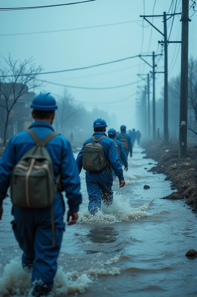 Running in the flood，Neat queue，Power grid repair，Wide-angle lens，Rural China，rainstorm，hurricane，Chaotic scenes，Blue overalls，helmet，Capturing facial expressions，Flood fighting，Strong composition，City flooding，Challenge nature，Chinese staff，Magnificent picture，Ruthless Wind，Heavy rain，Tense atmosphere，Motion capture，High contrast，Side Light，Fast shutter speed，Chaos and Order，Blue tint，Splashing water，Strength and unity。