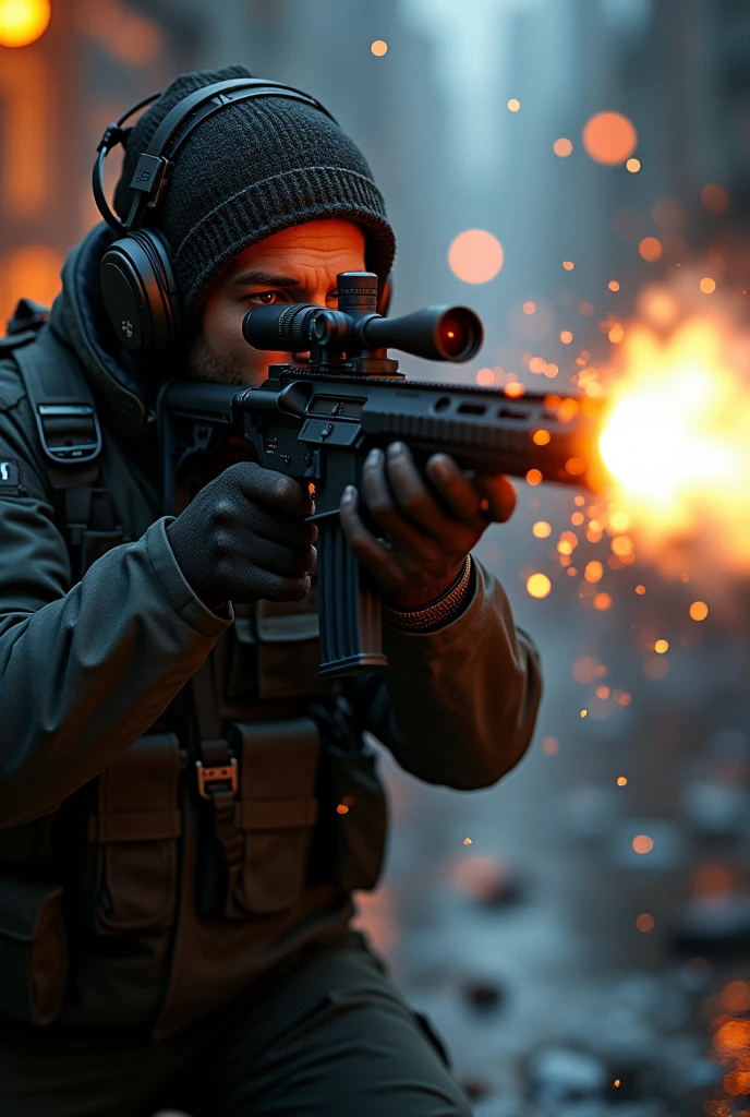 Create a dynamic and intense scene of a sniper firing a shot, with the moment captured in a fusion of realistic and FX elements. The sniper, clad in tactical gear, is positioned in a dramatic stance, with their eye focused through the scope, finger on the trigger. As the shot is fired, incorporate FX elements like a powerful muzzle flash, shockwaves emanating from the barrel, and a glowing, trailing bullet slicing through the air. The background should blur slightly, emphasizing the speed and precision of the shot, while adding subtle details like sparks, particles, and light distortions to heighten the intensity. The entire scene should feel cinematic, with a blend of realism and stylized effects that make the moment feel epic and electrifying