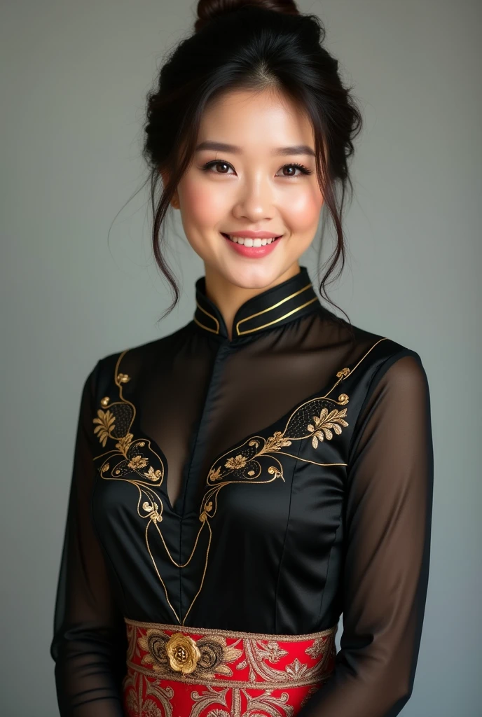 photography of a 25 year old oriental woman, wearing a black kebaya with gold engraved lines, batik sarong, her hair in a bun, her face is beautiful, her make-up is beautiful, her cheeks are rosy, her body is curvaceous with big size breast, smiling at the camera