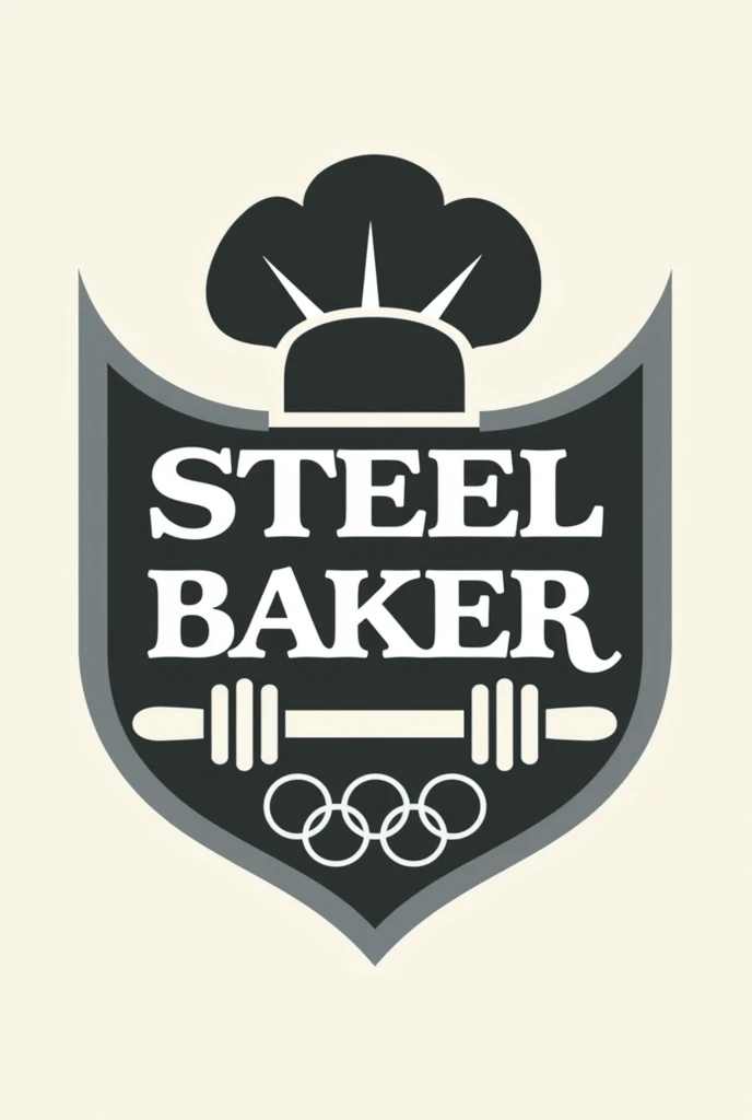 Make a blank logo, gray and black that says "Steel Baker" with minimalist letters that look like ancient symbols, that above the letters there is a baker&#39;s hat and below the letters an Olympic bar, that has a shield in the background