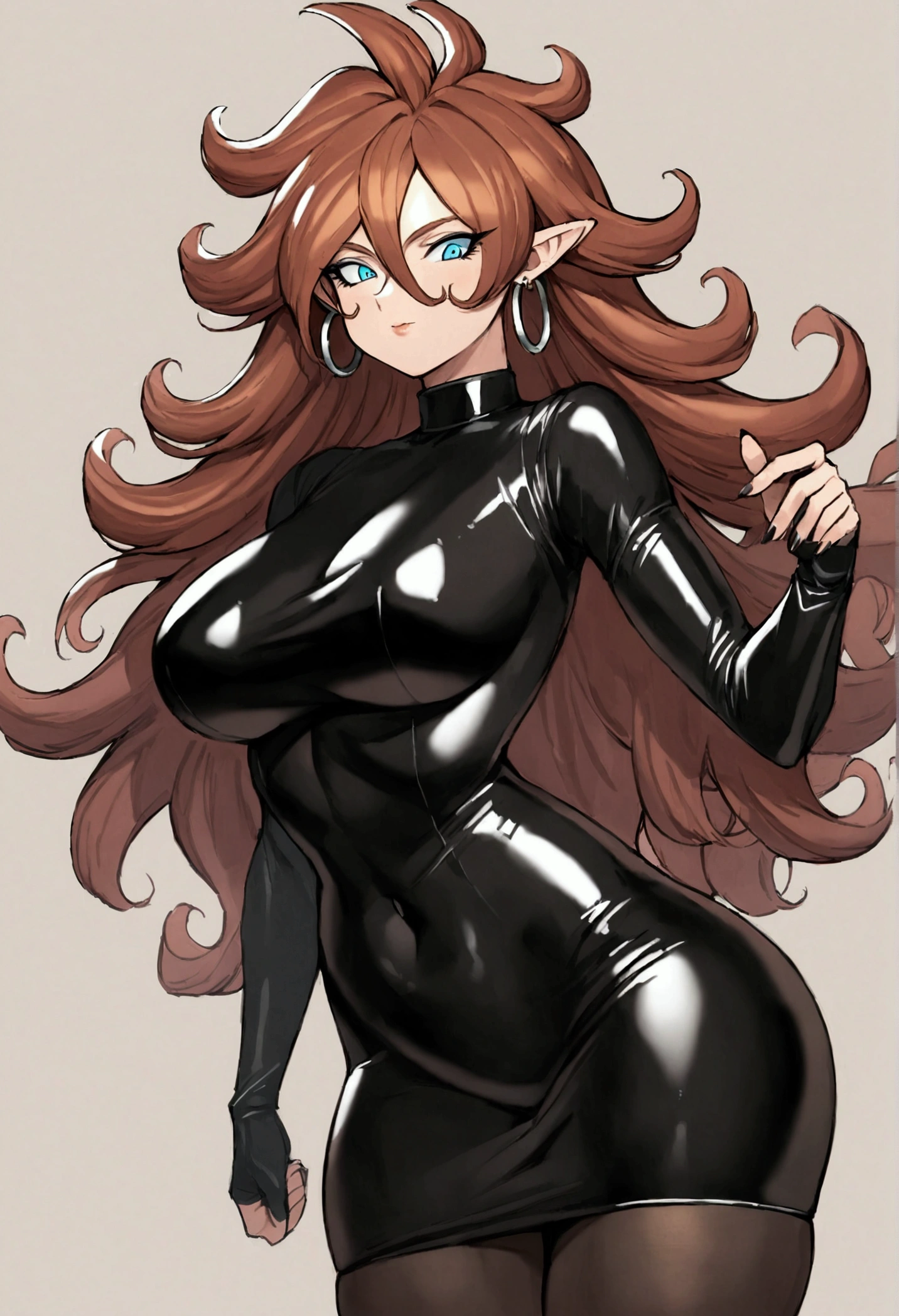 Android 21 from dragonball brown hair, long hair, curly hair, blue eyes, hoop earrings, black pantyhose, black bodycon dress, turtle neck, simple background,