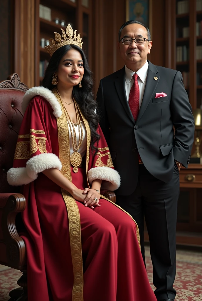  Wearing full body  Academic regalia  wealthy sri lankan average beautiful girl(big breasts and butt) sit in chair with  sri lankan wealthy age 35 man with spec's (software,electrical,garments companies owner)