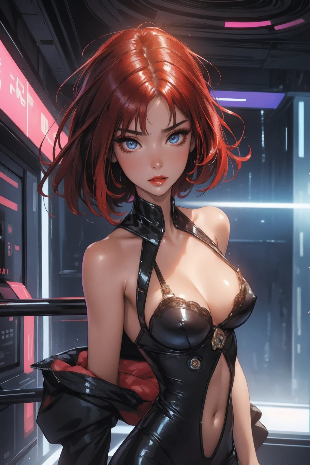 1girl,a beautiful fashion model ,(masterpiece, detailed background, best quality),short and shiny hair, red hair, hair with highlights, bangs, smirk,juicy lips,red lips, calmart, lingerie, stripping, elegant makeup, blue eyes, full body shot, (shiny skin), cyberpunk, sci fi, boa, extravagant jewelry, cocky expression, covered in jewelry, fancy, , bra, thong, stripping, cyberpunk club, stripper pole