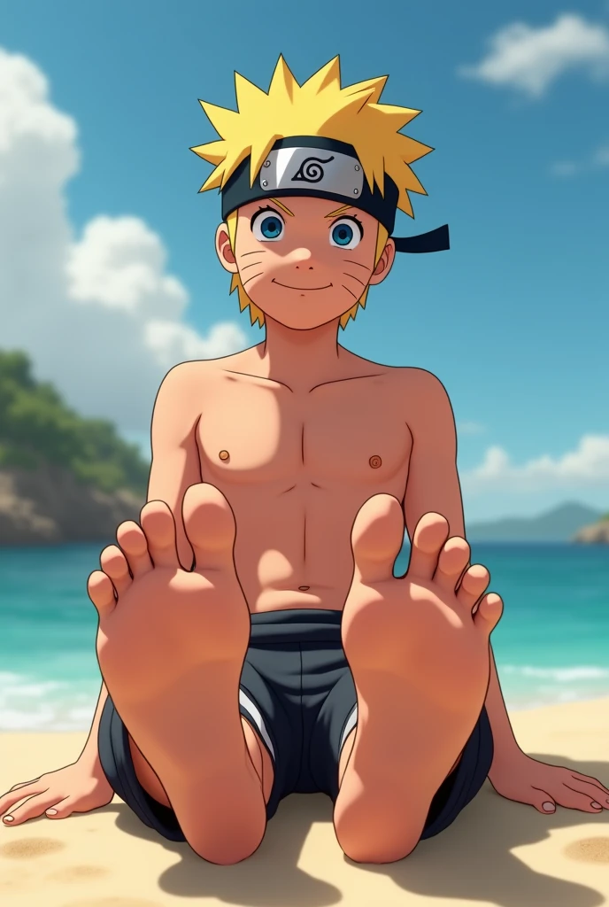 ((masterpiece)) ((of the highest quality)) ((so beautiful)) Realistic animated image in HD quality of Naruto Uzumaki barefoot showing the soles of his feet from below Sitting on the beach smiling shirtless To be seen from the front 2 feet Showing 5 toes on each foot Showing lighting details on his feet Showing the soles of his feet close to the camera Showing realistic texture of his feet Showing six pack Anatomically correct
