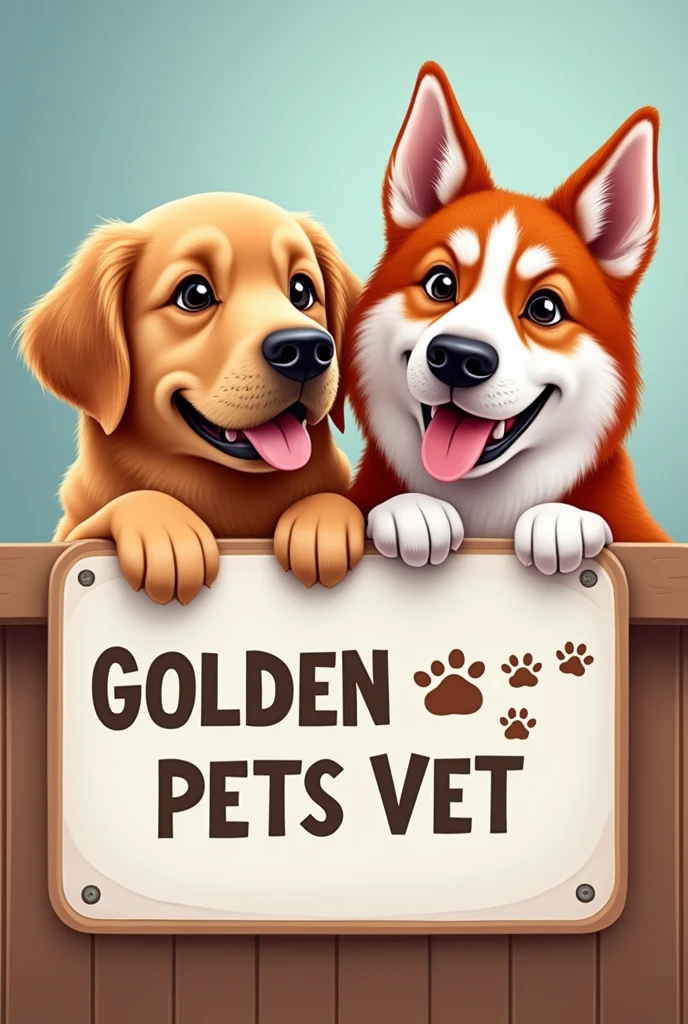 Un letrero que diga Golden Pets Vet con la cara de un golden retriever y un husky rojo
