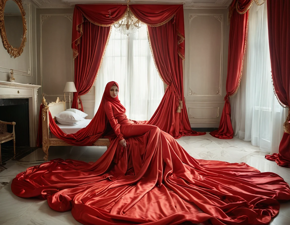 A woman shrouded in a 10-meter-long, plush red satin cloth, tightly bound and grandly draping along the form of her body, flowing off into a pooled floor-length train, styled in a mermaid-inspired outfit, her head modestly veiled in a satin hijab, tall woman, in luxury bed room, a full-body pose conveying a sense of mysterious elegance, captured in a 4k resolution, ultra-realistic