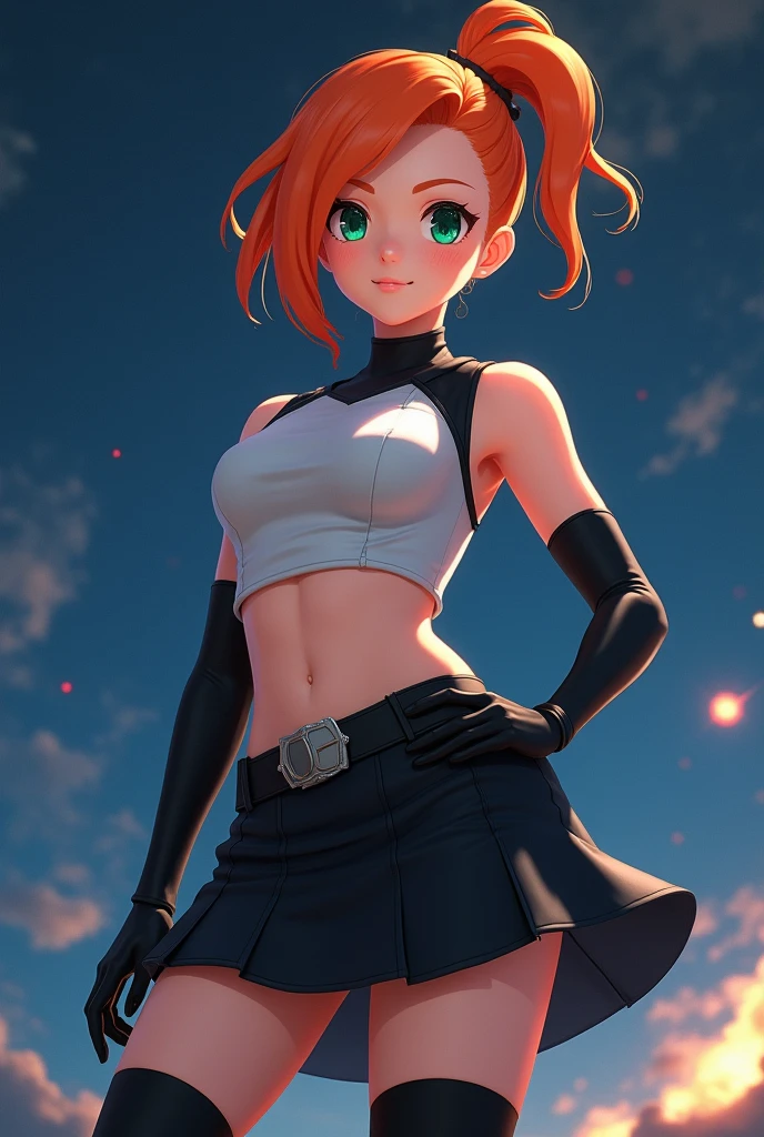 High resolution,8K, Detailed anatomy
(Misty_Pokemon)(18-year-old girl)
(,Orange Hair,one side up hair,Big green eyes,Small breasts,Skinny, girl attractive, cute smile)
(,Belly button exposed) team rocket uniform, red letter R, black skirt,white crop top,black thigh-highs,black elbow gloves, looking down on viewer, cowboy shot, posing, night sky background