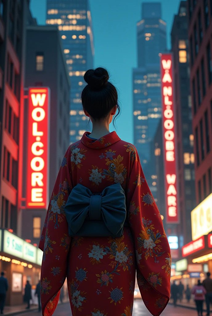 Woman in kimono、Brightly colored kimonos、Samurai waiting for the lady to return、New York City、Brilliant lights at night(Between buildings)、A sigh of relief from the samurai、Back view、Letters on a building sign、good job、welcome home、Her name is Karen
